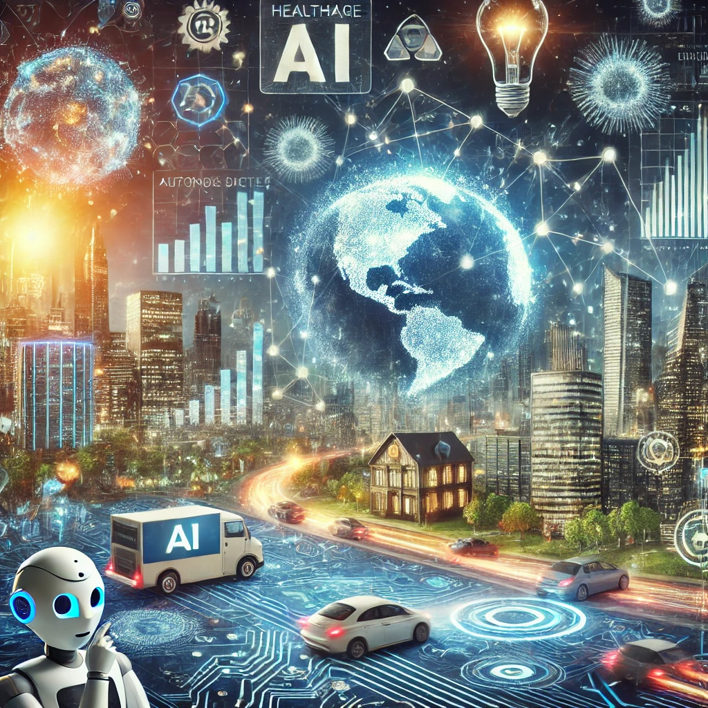  Innovations in AI: Transforming Industries and Future Trends"Futuristic depiction of AI shaping the future across industries, with digital data streams, neural networks, robots, smart cities, and AI-powered devices representing advancements in healthcare, finance, and autonomous systems."