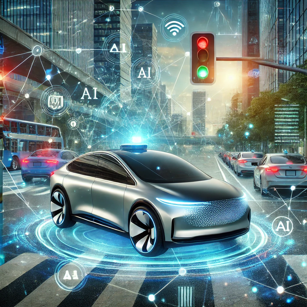 "A futuristic self-driving car using AI, surrounded by digital overlays of algorithms, data streams, and sensors, interacting with a smart city environment."