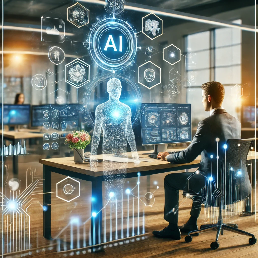 Innovations in AI: Transforming Industries and Future Trends "A business professional using an AI-powered financial dashboard at Bank of America, displaying customer data insights and personalized financial solutions with neural networks in the background."