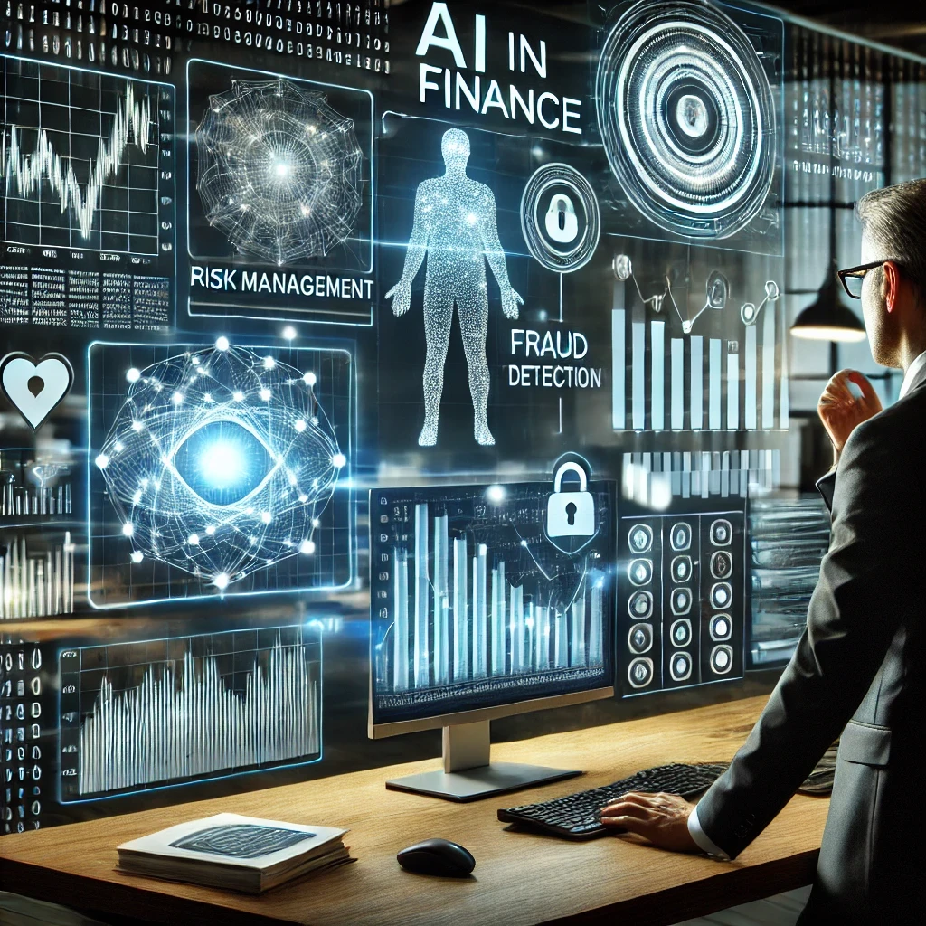 Innovations in AI: Transforming Industries and Future Trends"A business professional analyzing financial data on a digital screen, while AI algorithms monitor transactions, enhancing risk management and fraud detection in a high-tech office setting."