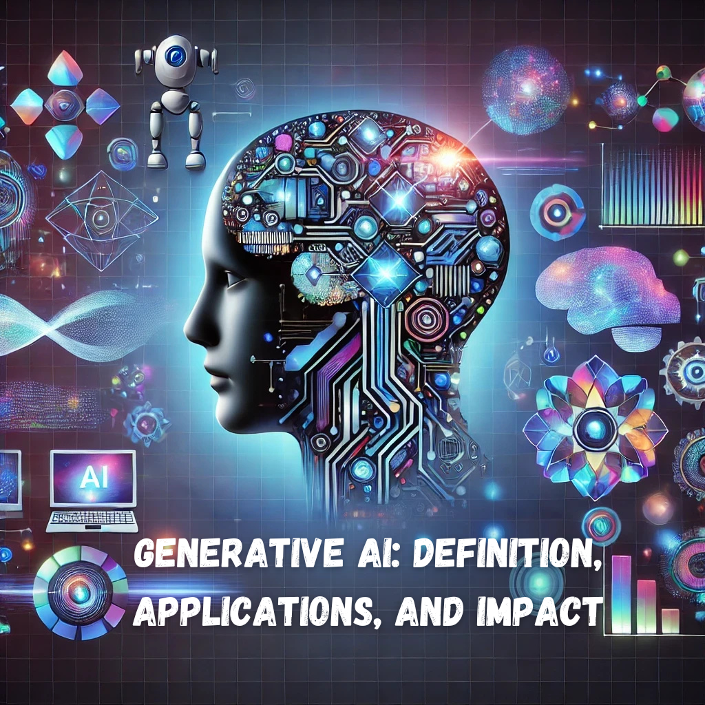 A digital illustration of a futuristic AI brain, surrounded by various colorful elements symbolizing different applications of generative AI, including robots, patterns, charts, and neural networks.