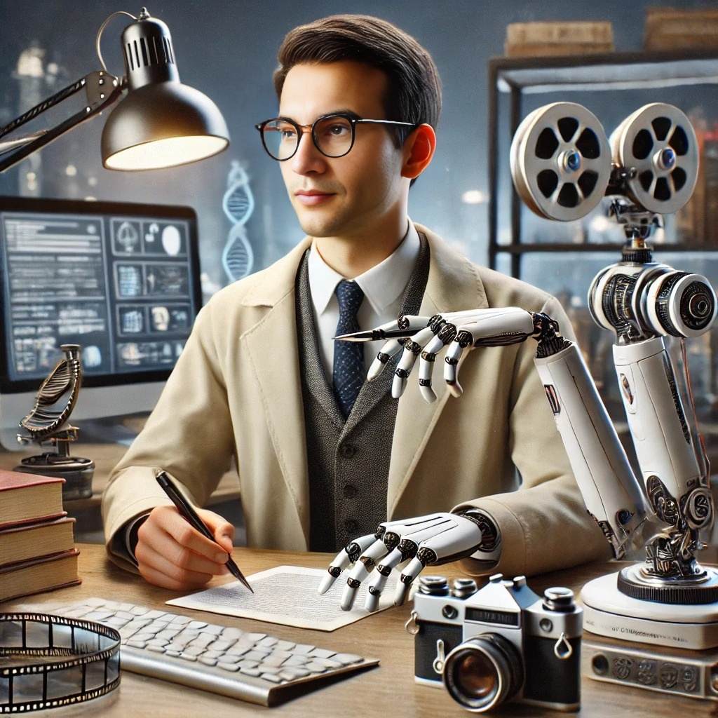 A researcher in a laboratory setting, sitting at a desk with a robotic arm assisting him. The researcher, wearing glasses and a lab coat, is working with scientific documents, while the robotic arm holds a pen. Various tools such as a camera, film reels, and a computer displaying research data are present, symbolizing the integration of AI and robotics in scientific research