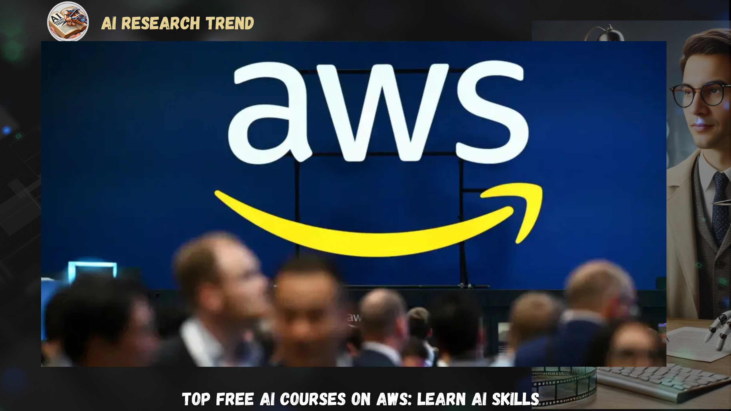 "Amazon Web Services AWS logo on a large screen with a crowd of attendees in front, symbolizing a gathering or event focused on AWS technology and AI learning opportunities."